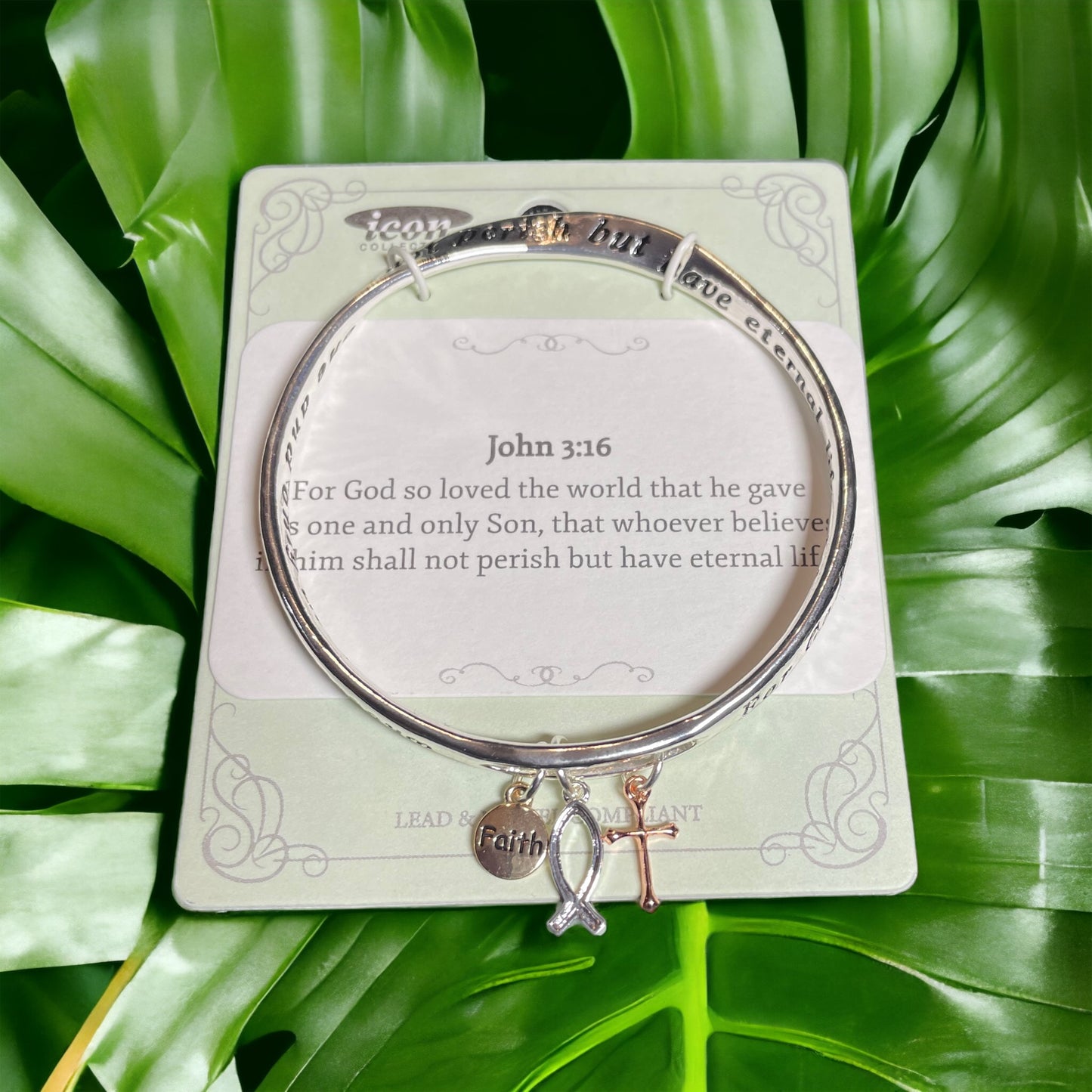 Fashion-John 3:16 Engraved Twisted Bangle w/ Dangling Charms