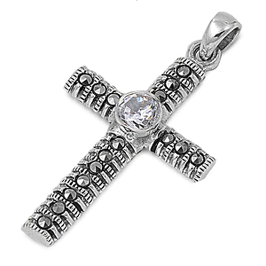 .925 Sterling Silver Marcasite Studded Solitaire Cross Pendant Clear Simulated CZ Charm