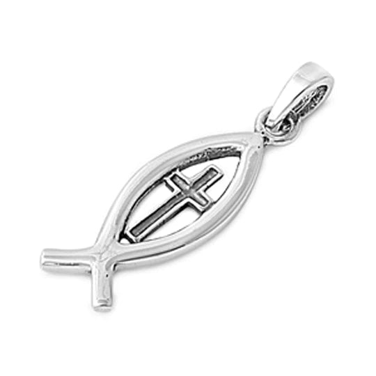 .925 Sterling Silver Christian Ichthus Fish High Polish Cross Pendant Charm