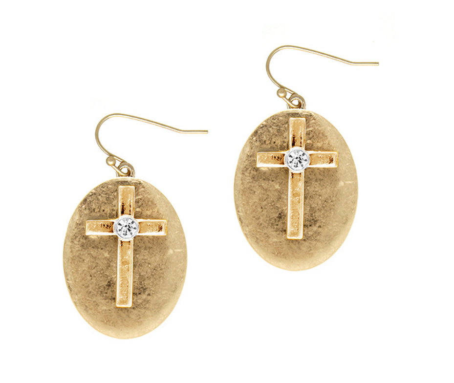 Fashion-Gold Tone Crystal Center Cross Earrings