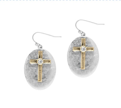 Fashion-Two-Tone Crystal Center Gold Cross Earrings