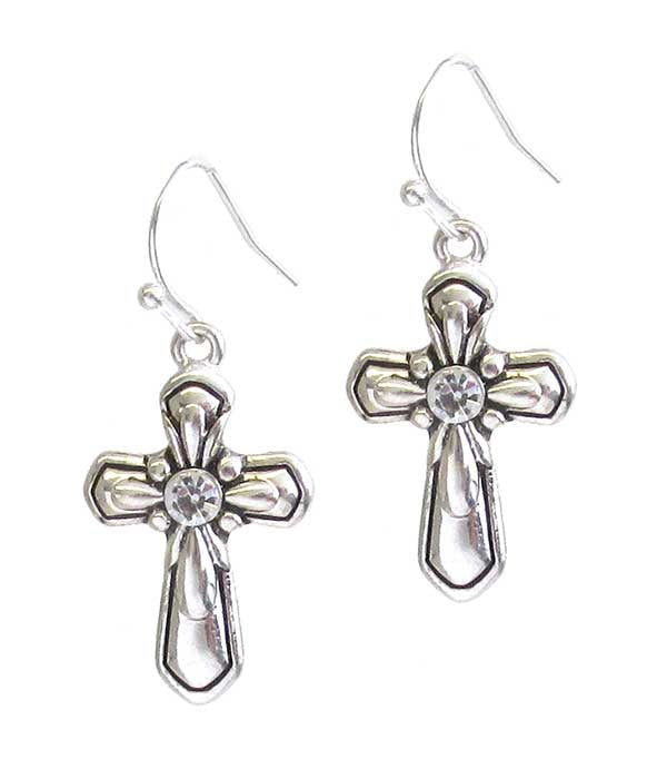 Fashion-Silver-Tone Cross Earrings W/White Center Stone