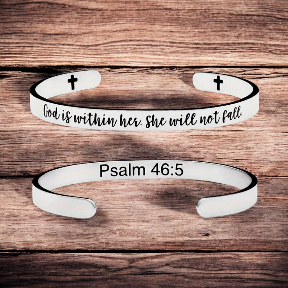 Stainless Steel - God is Within Her She Will Not Fall Cuff Bracelet