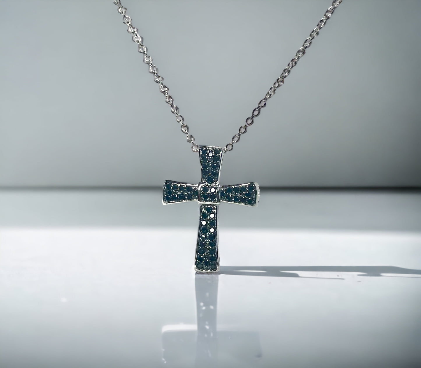 .925 Sterling Silver Cross  Black CZ 16”-18”Necklace