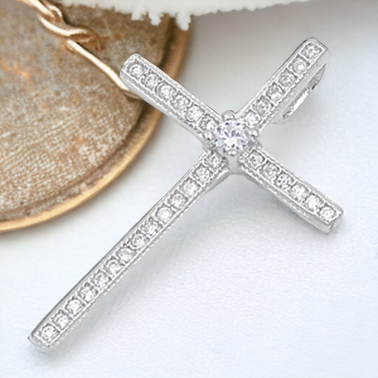 .925 Sterling Silver Thin Charm Simple Studded Cross Pendant Clear Simulated CZ