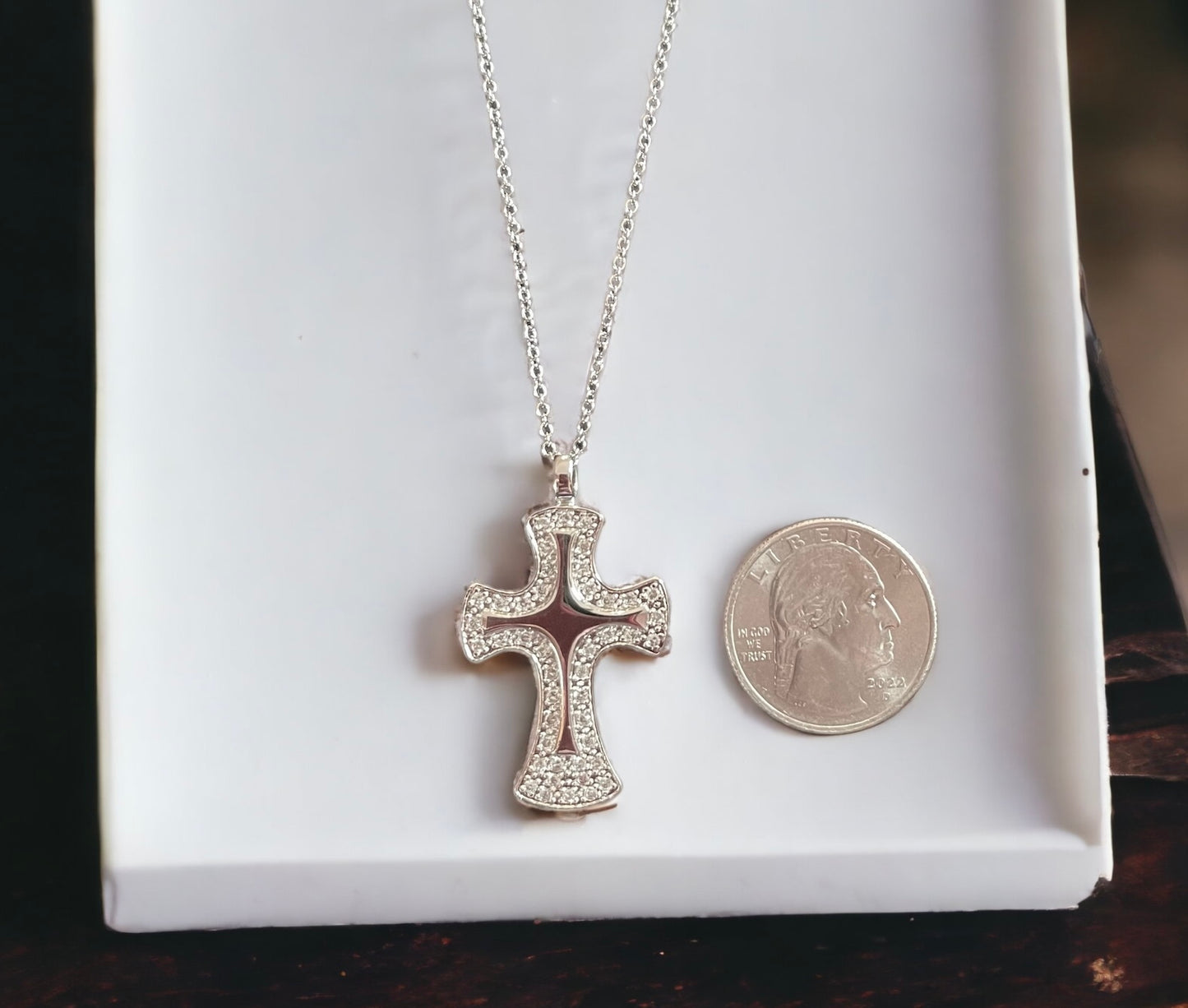 .925 Sterling Silver Cross Paved Cubic Zirconia W/Chain