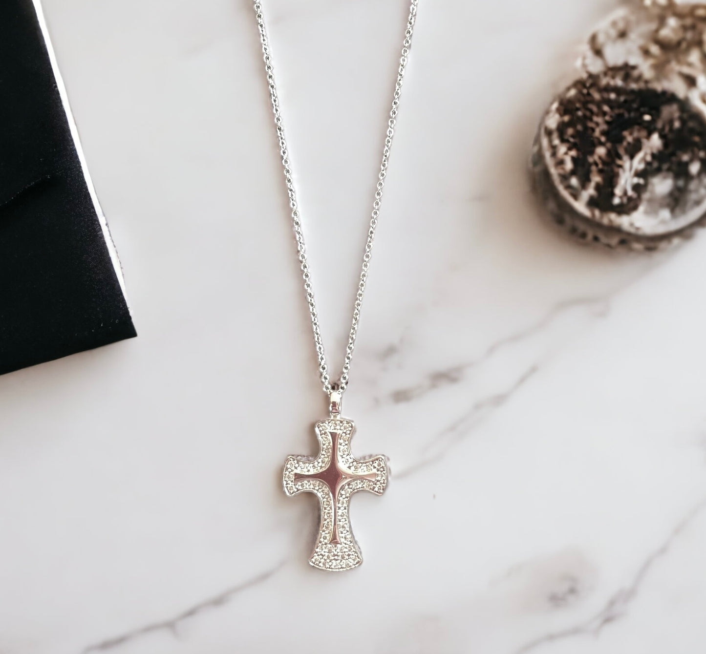 .925 Sterling Silver Cross Paved Cubic Zirconia W/Chain