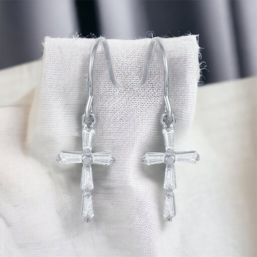 .925 Sterling Silver- Rhodium Plated Small Cross Earrings with CZ Baguette Accents