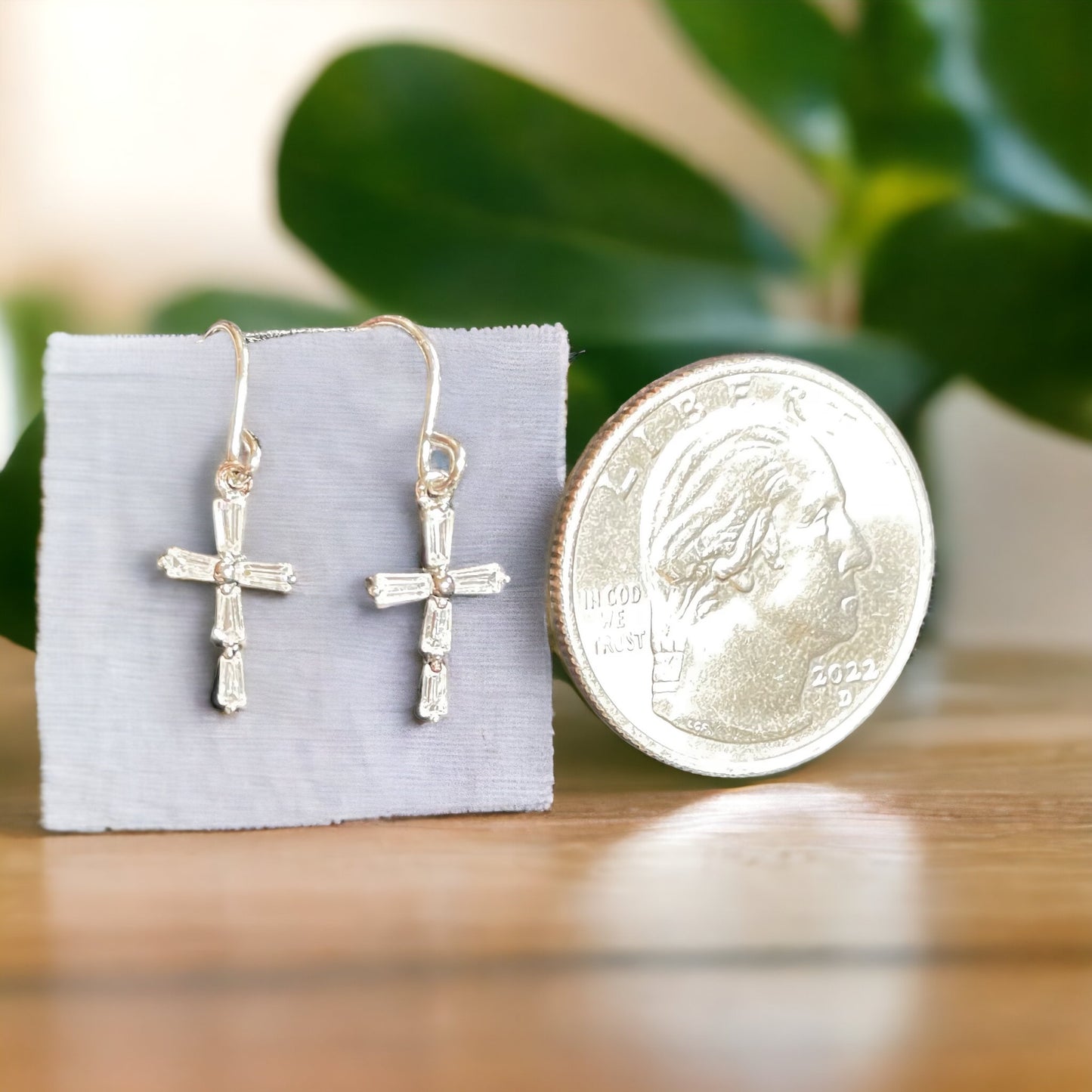 .925 Sterling Silver- Rhodium Plated Small Cross Earrings with CZ Baguette Accents