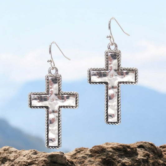 Fashion- Silvertone Hammered Cross Earrings