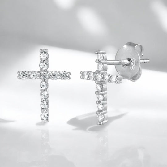 .925 Sterling Silver Studded Simple Modern Cross Classic- Clear CZ Earrings