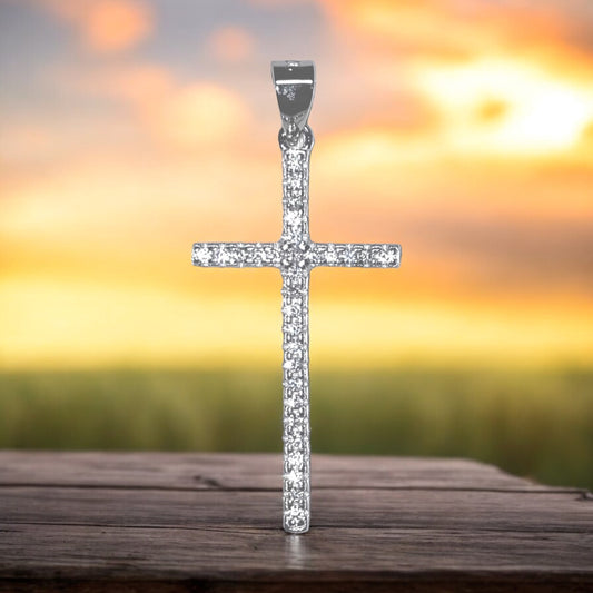 .925 Sterling Silver Detailed Long Thin Cross Pendant Clear Simulated CZ