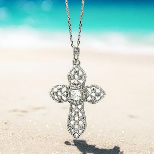 .925 Sterling Silver Rhodium Plated Net Cross CZ Necklace