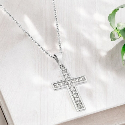 .925 Sterling Silver Rhodium Plated Clear CZ Cross Pendant Necklace