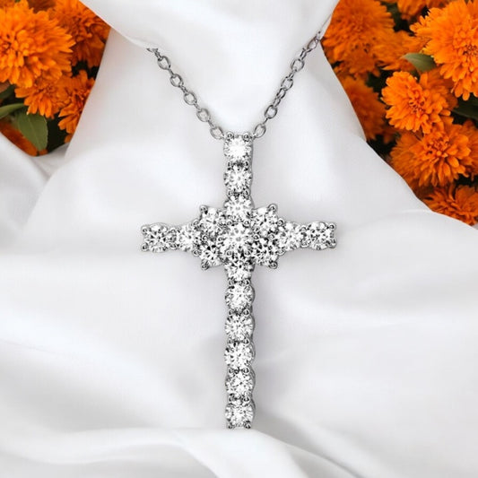 .925 Sterling Silver Rhodium Plated Cross Necklace with Round CZ