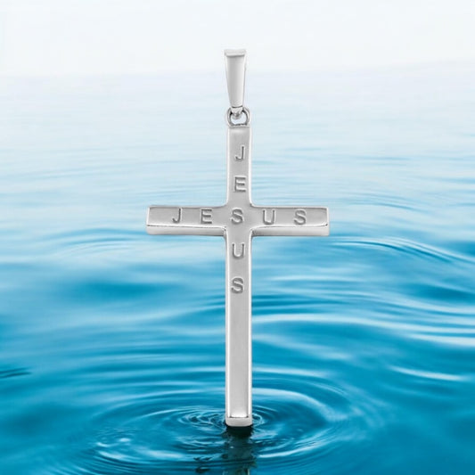 .925 Sterling Silver Rhodium Plated Jesus Engraved Cross Pendant