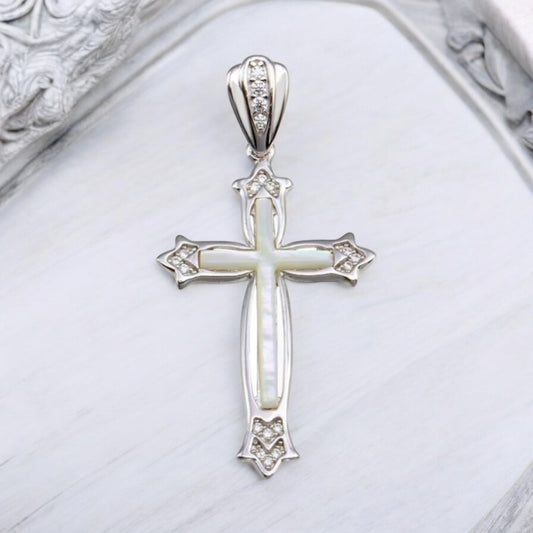 .925 Sterling Silver Rhodium Plated Mother of Pearl CZ Fleury Cross Pendant