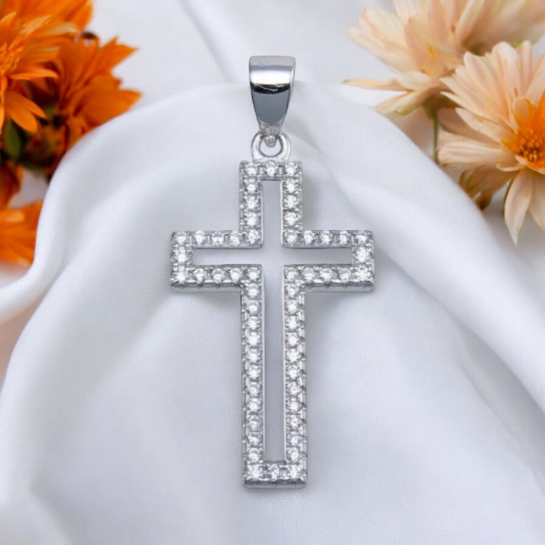 .925 Sterling Silver Rhodium Plated CZ Border Small Cross Pendant